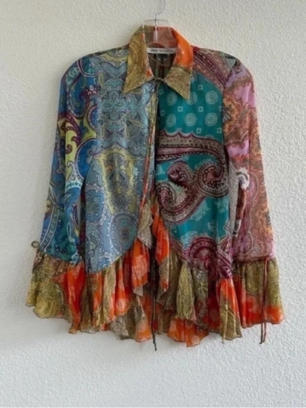 Zara Sheer Paisley Printed Ruffle Blouse